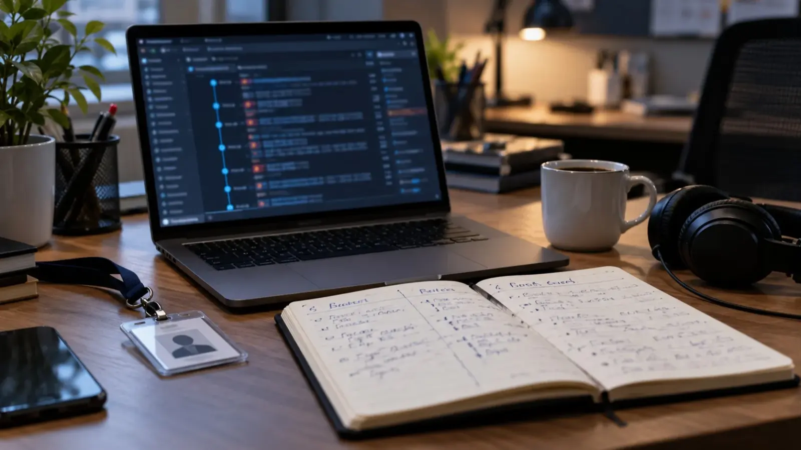 Bureau d’enquête IT avec timeline d’incident et notes reliant identité, action et déploiement.