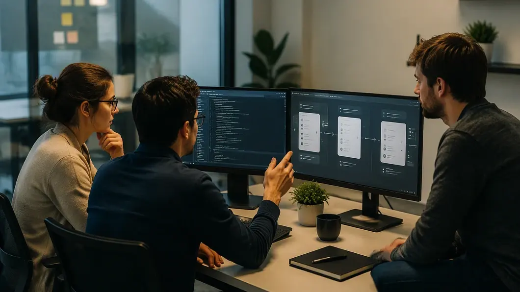 Équipe technique vérifiant les flux d’une application dans un environnement de test isolé.