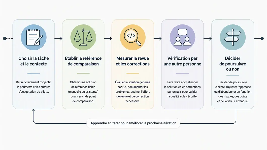 Infographie en cinq étapes pour cadrer et évaluer un pilote de code généré par IA.