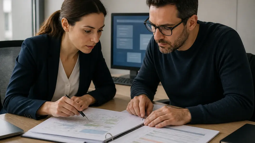 Consultante et responsable IT vérifiant le périmètre et les preuves d’un audit de sécurité
