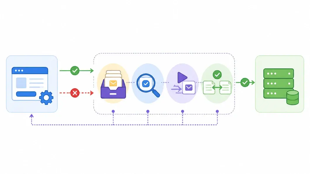 Infographie montrant les étapes d’un flux API en mode nominal, dégradé puis repris avec vérification et rapprochement.